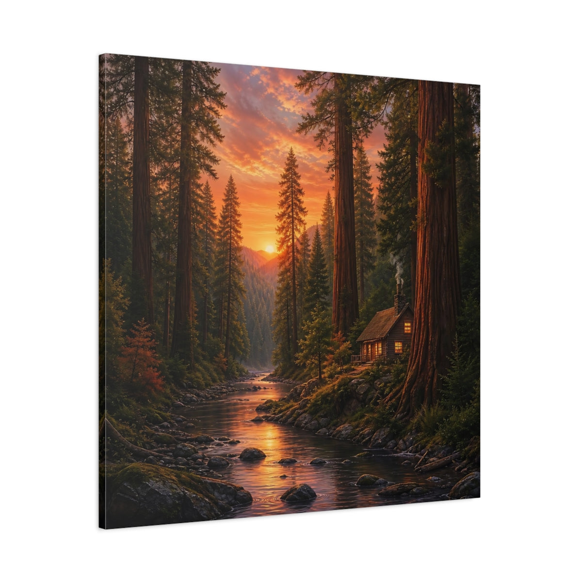 Side Mockup 1. Nature Forest River Orange Forest River shown as stretched canvas wall art