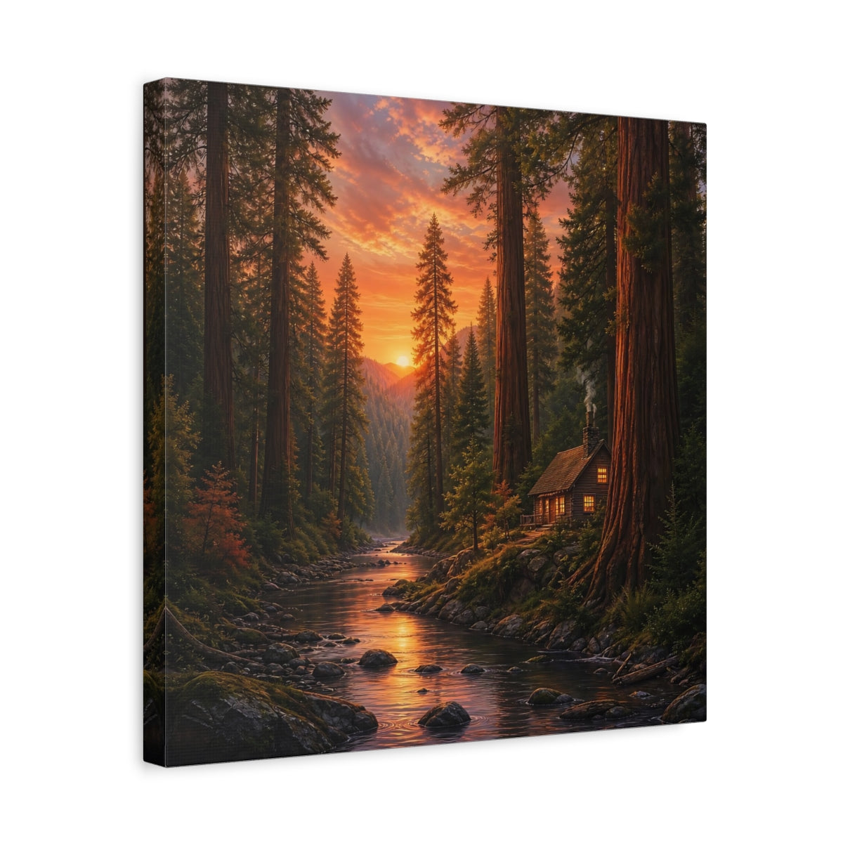 Side Mockup 6. Nature Forest River Orange Forest River shown as stretched canvas wall art