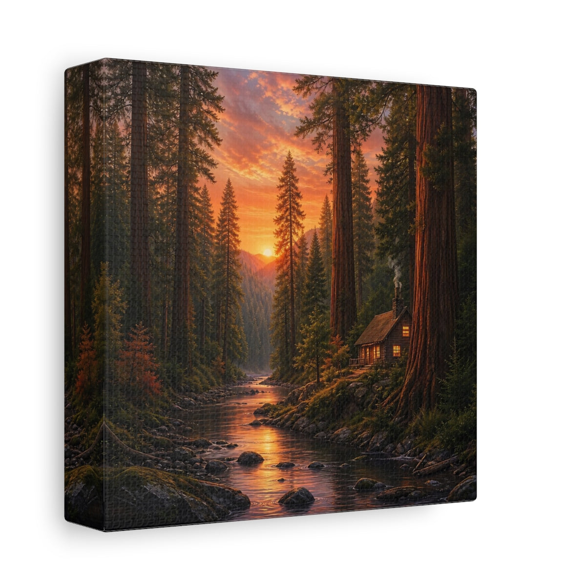 Side Mockup 2. Nature Forest River Orange Forest River shown as stretched canvas wall art