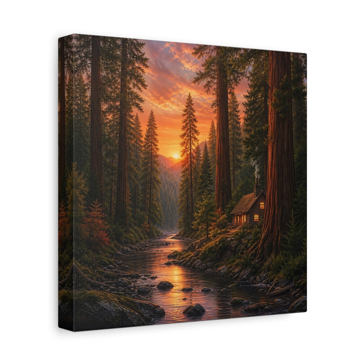Side Mockup 9. Nature Forest River Orange Forest River shown as stretched canvas wall art