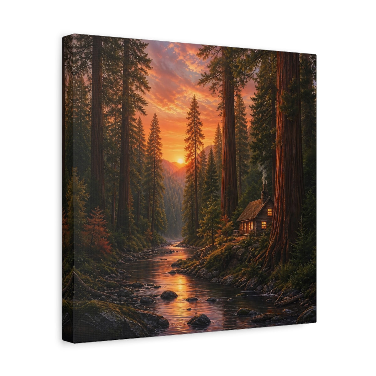 Side Mockup 7. Nature Forest River Orange Forest River shown as stretched canvas wall art