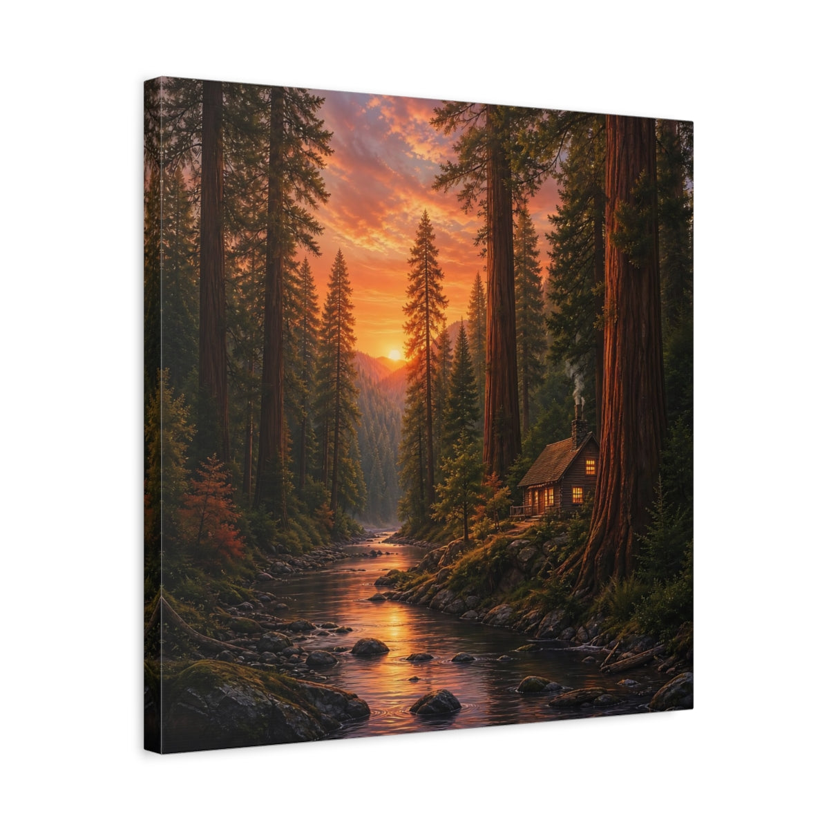 Side Mockup 5. Nature Forest River Orange Forest River shown as stretched canvas wall art