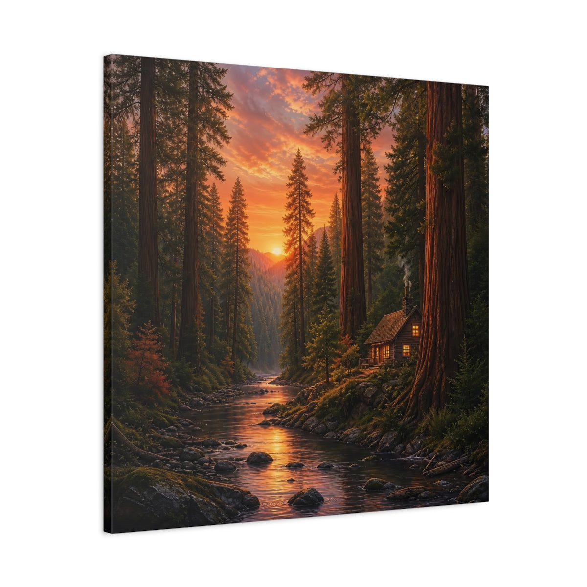 Side Mockup 3. Nature Forest River Orange Forest River shown as stretched canvas wall art