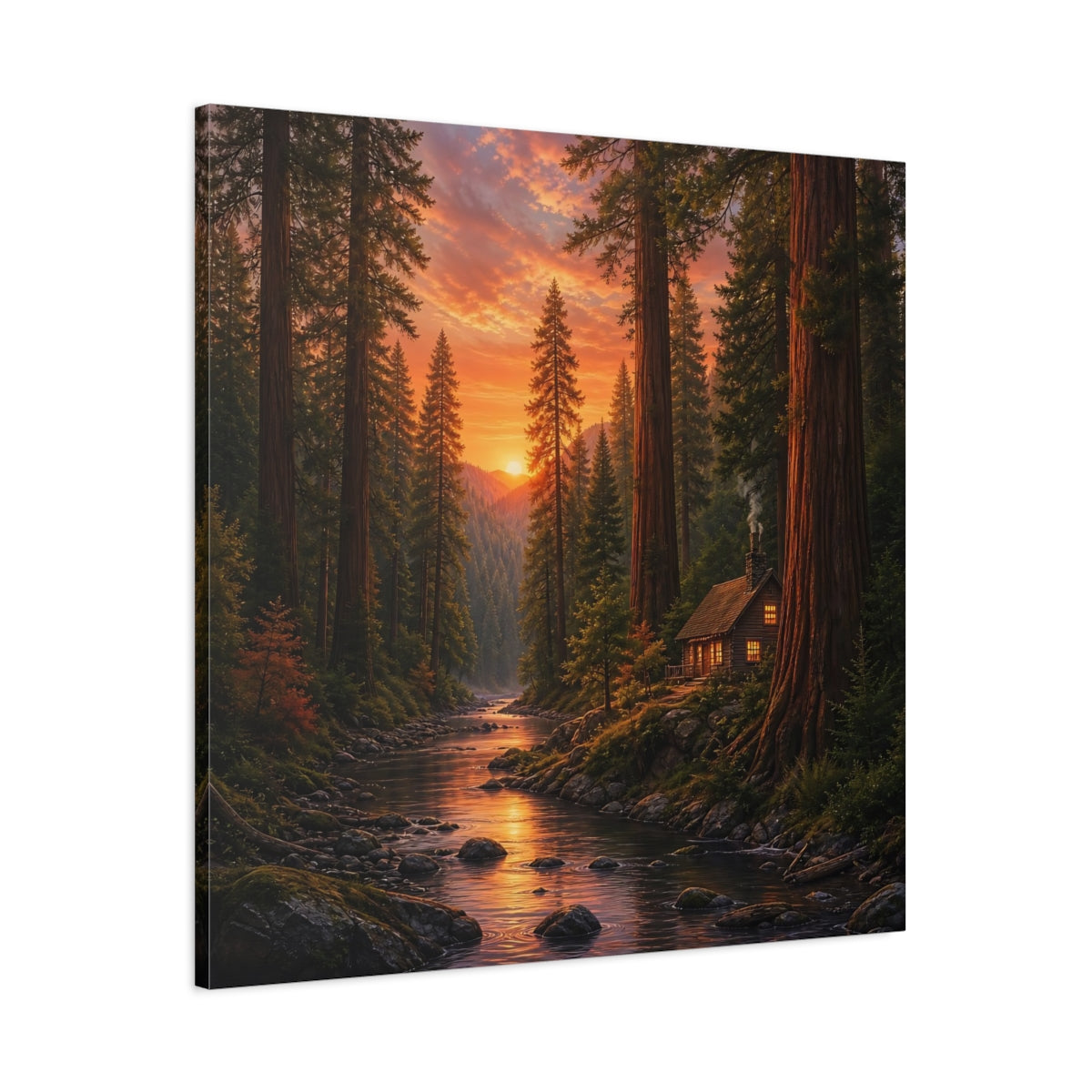 Main Mockup. Nature Forest River Orange Forest River shown as stretched canvas wall art