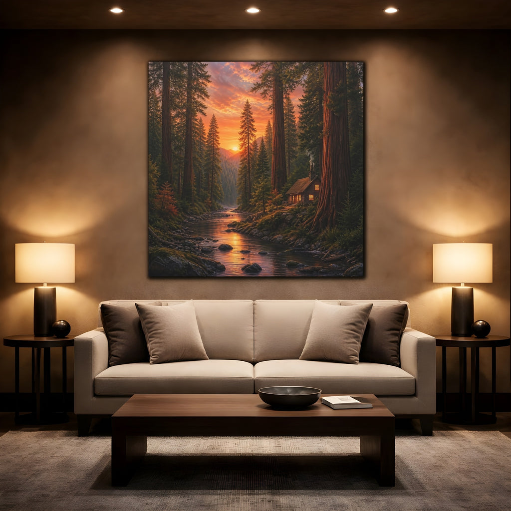Mockup 2. Nature Forest River Orange Forest River shown as stretched canvas wall art