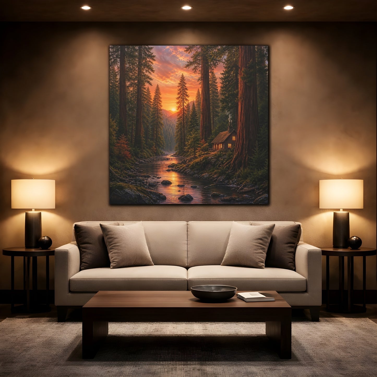 Mockup 2. Nature Forest River Orange Forest River shown as stretched canvas wall art