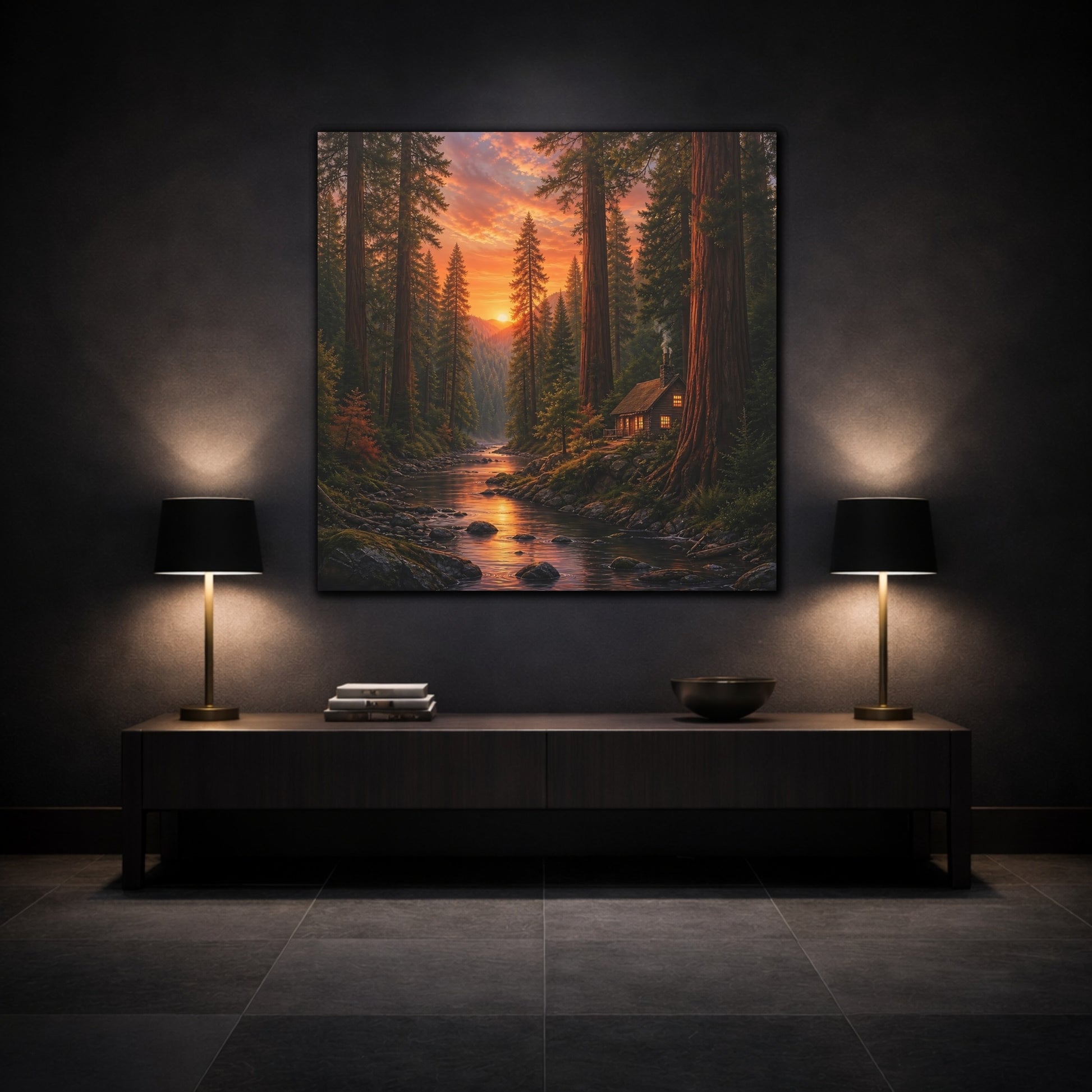 Mockup 3. Nature Forest River Orange Forest River shown as stretched canvas wall art