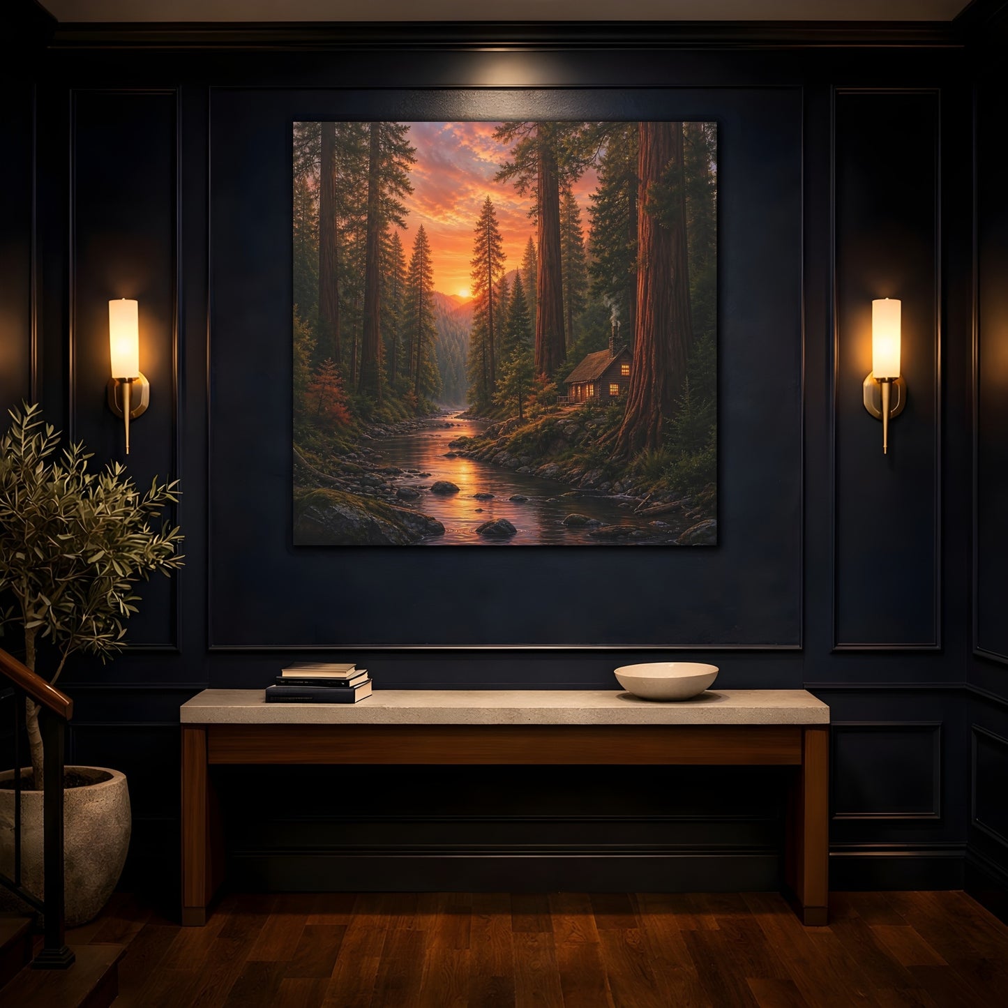 Mockup 4. Nature Forest River Orange Forest River shown as stretched canvas wall art