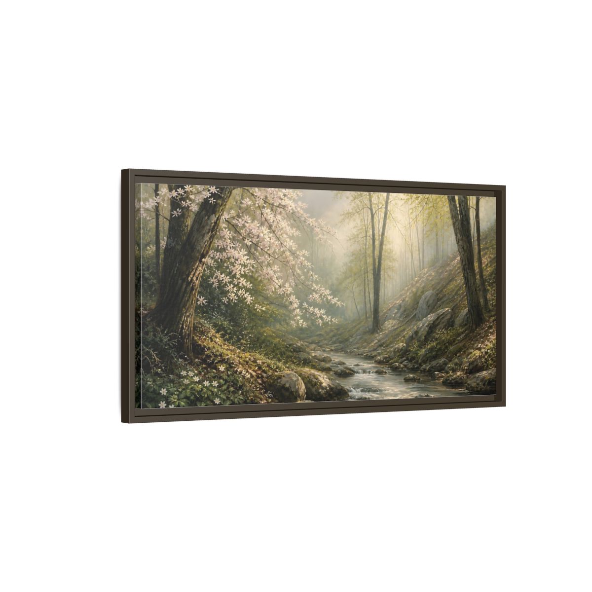 Main Mockup. Nature Forest Stream Forest Stream Green shown as stretched canvas wall art
