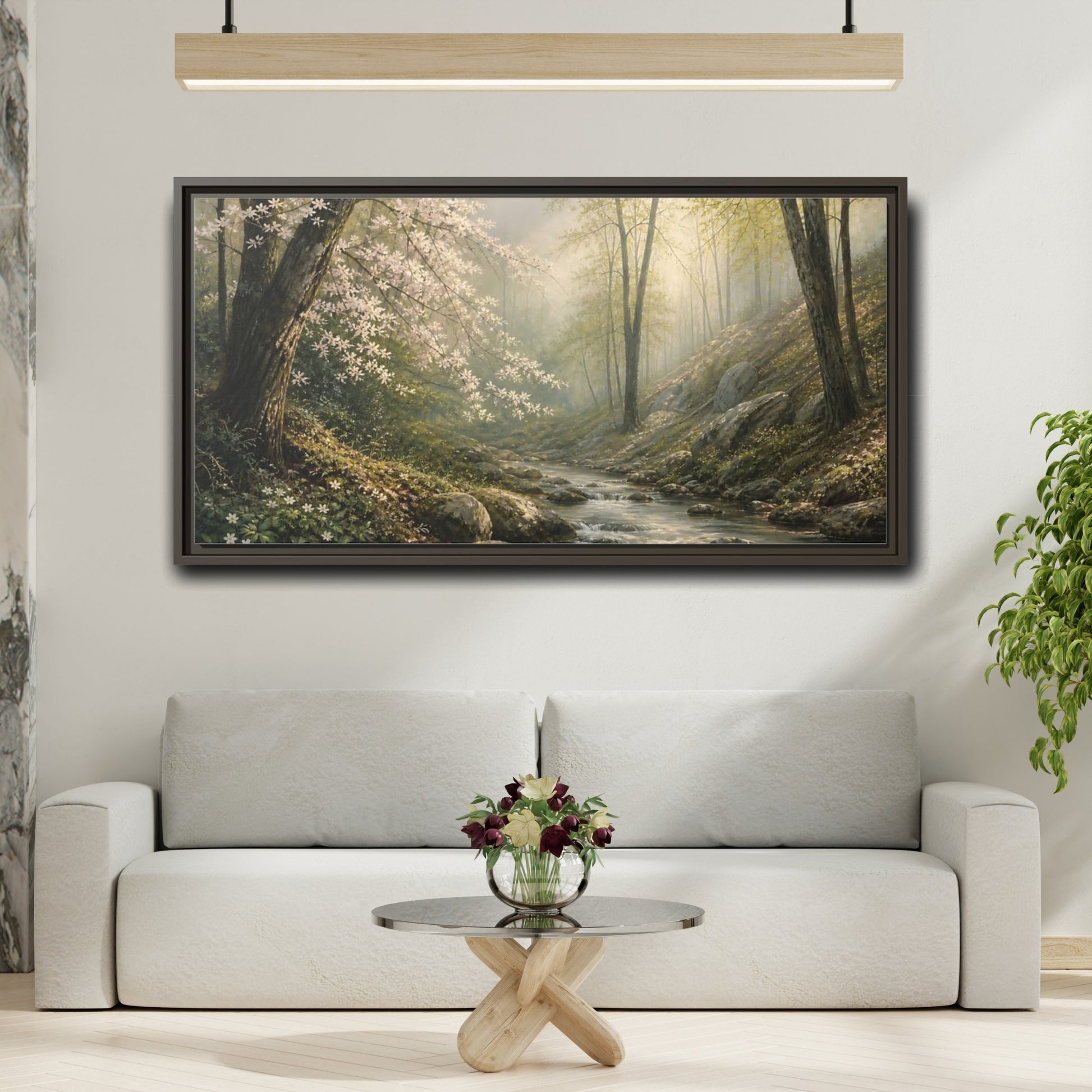 Mockup 2. Nature Forest Stream Forest Stream Green shown as stretched canvas wall art