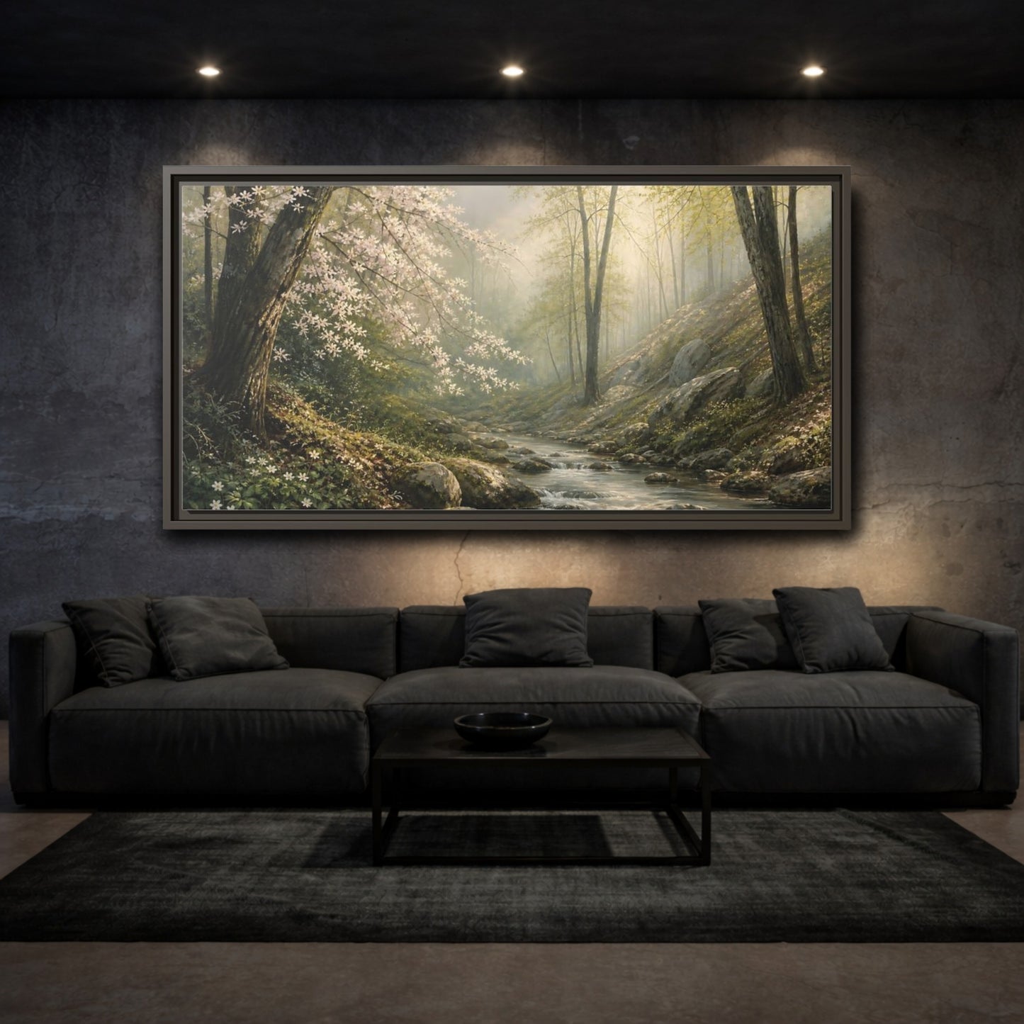 Mockup 3. Nature Forest Stream Forest Stream Green shown as stretched canvas wall art