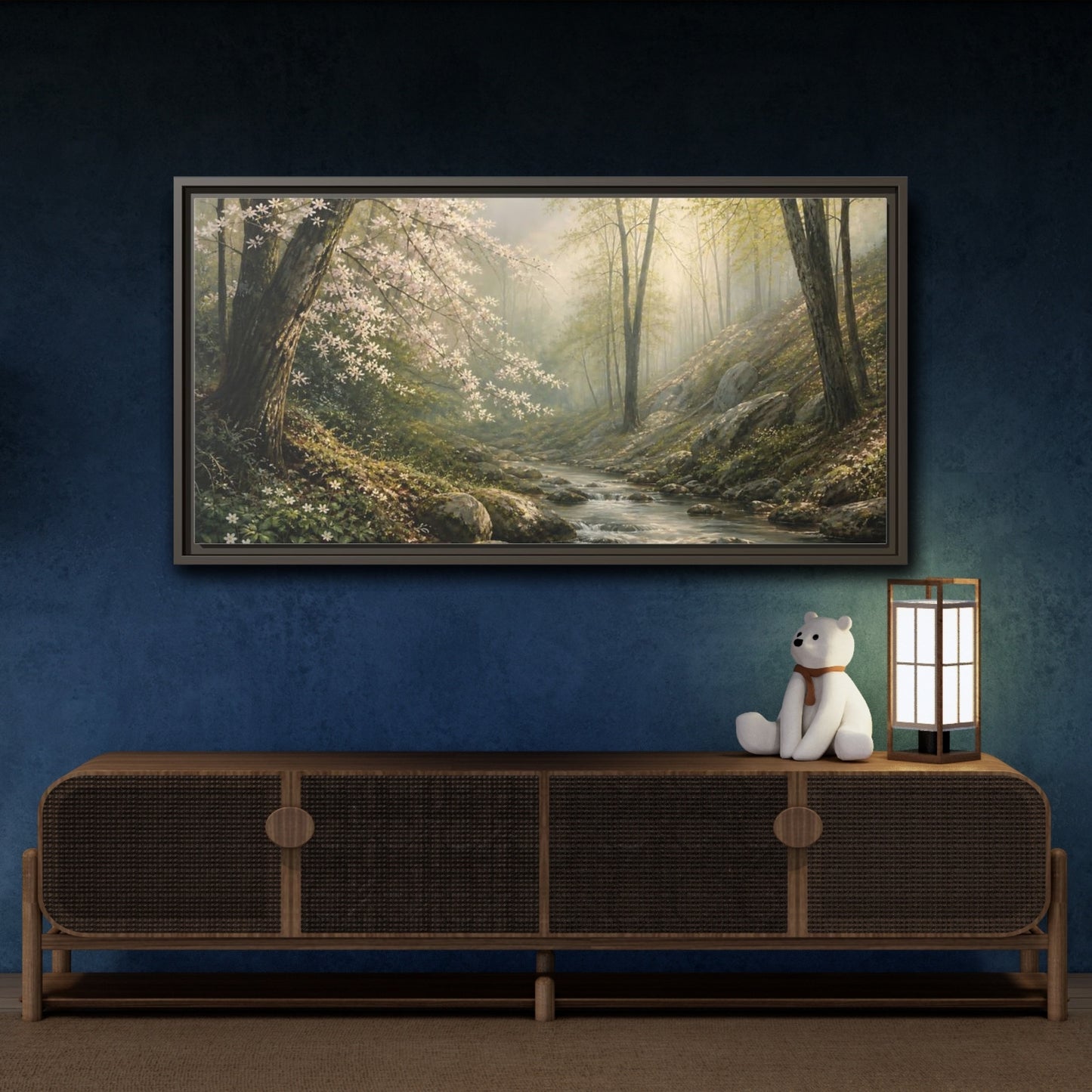 Mockup 4. Nature Forest Stream Forest Stream Green shown as stretched canvas wall art