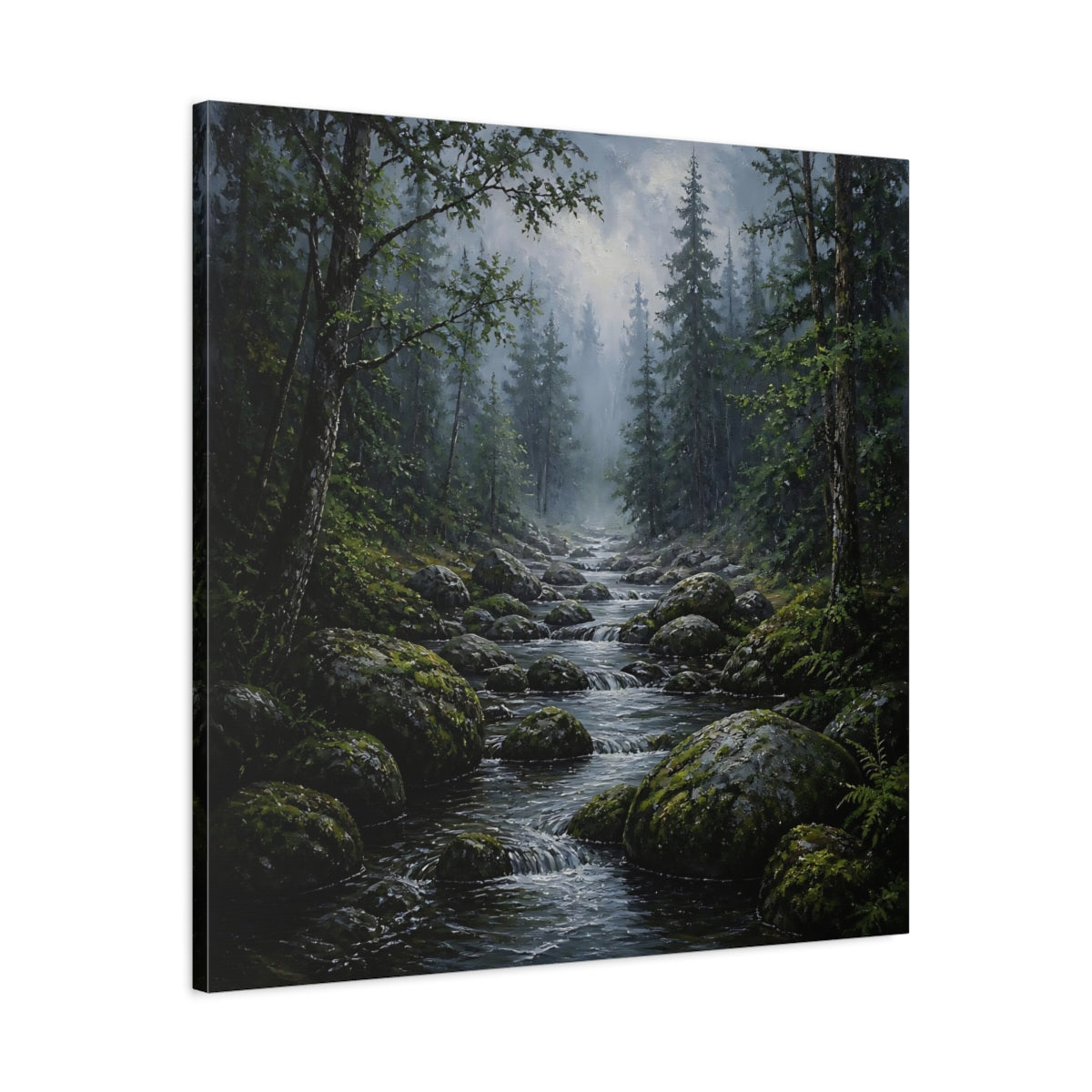 Side Mockup 3. Nature Forest Stream Green Forest Stream shown as stretched canvas wall art