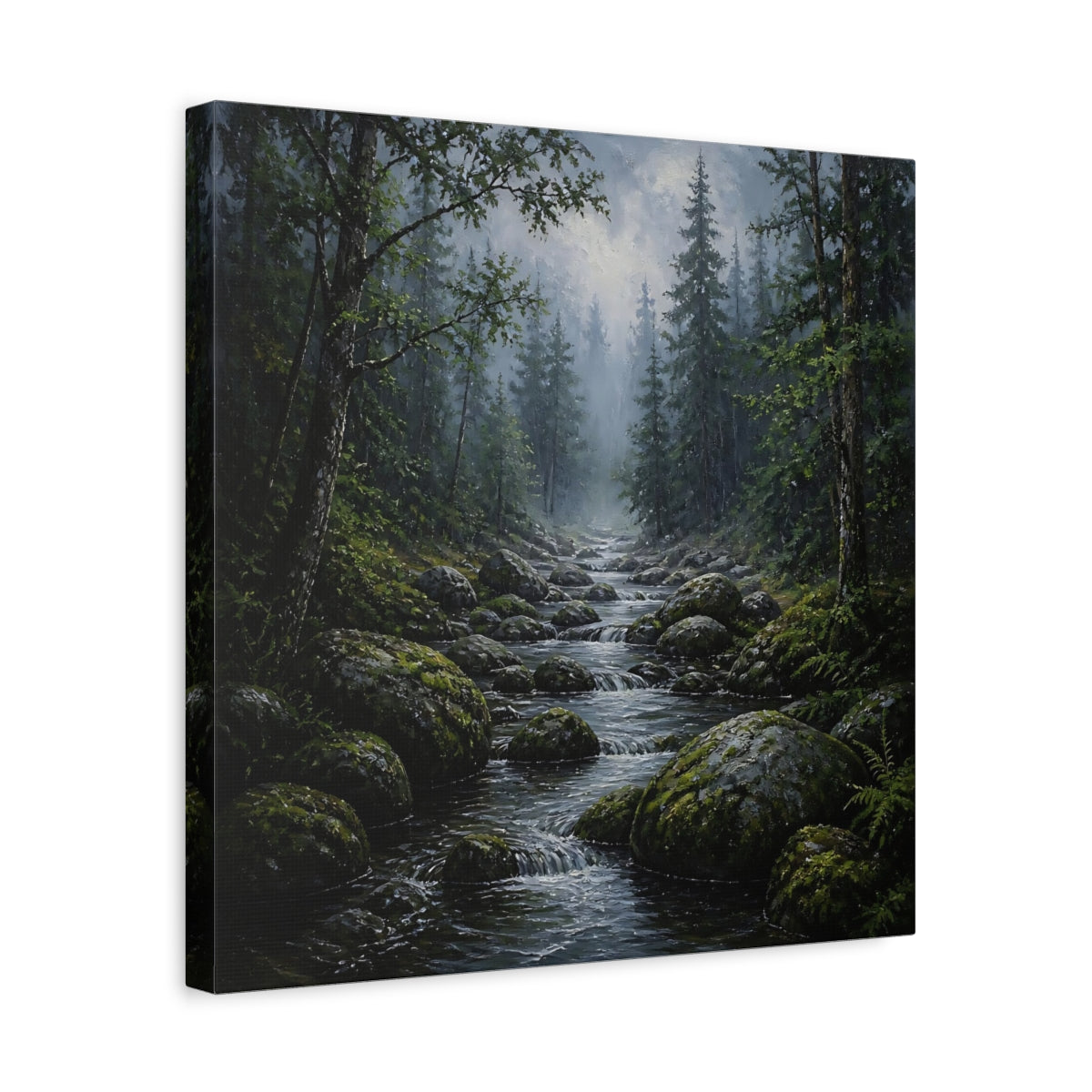Side Mockup 6. Nature Forest Stream Green Forest Stream shown as stretched canvas wall art