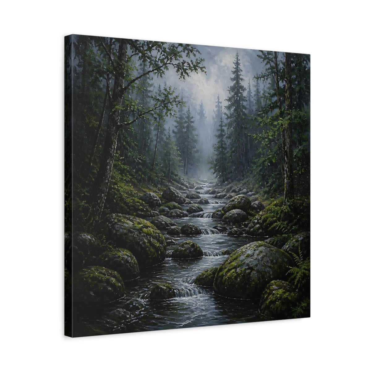 Side Mockup 5. Nature Forest Stream Green Forest Stream shown as stretched canvas wall art