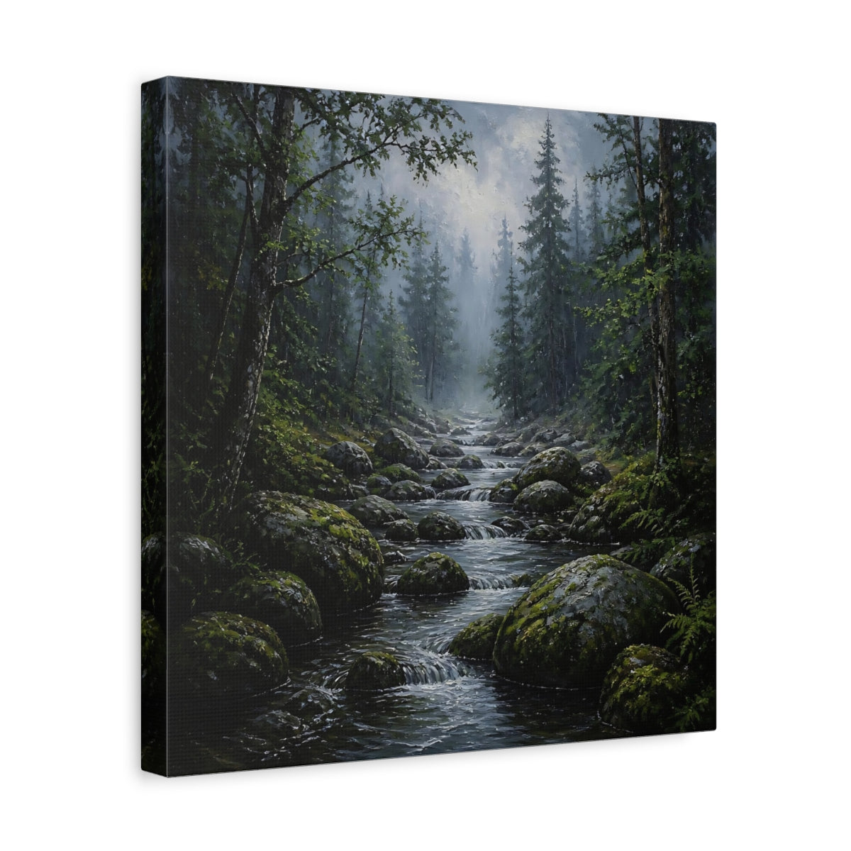 Side Mockup 7. Nature Forest Stream Green Forest Stream shown as stretched canvas wall art