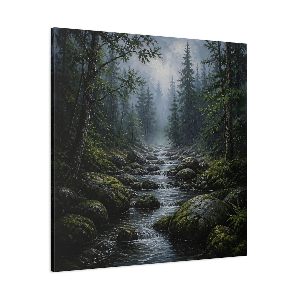 Side Mockup 1. Nature Forest Stream Green Forest Stream shown as stretched canvas wall art