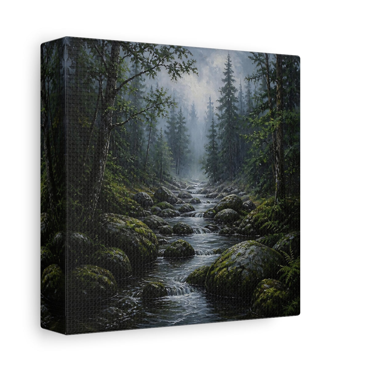 Side Mockup 2. Nature Forest Stream Green Forest Stream shown as stretched canvas wall art