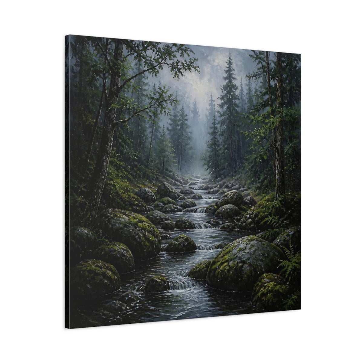 Main Mockup. Nature Forest Stream Green Forest Stream shown as stretched canvas wall art