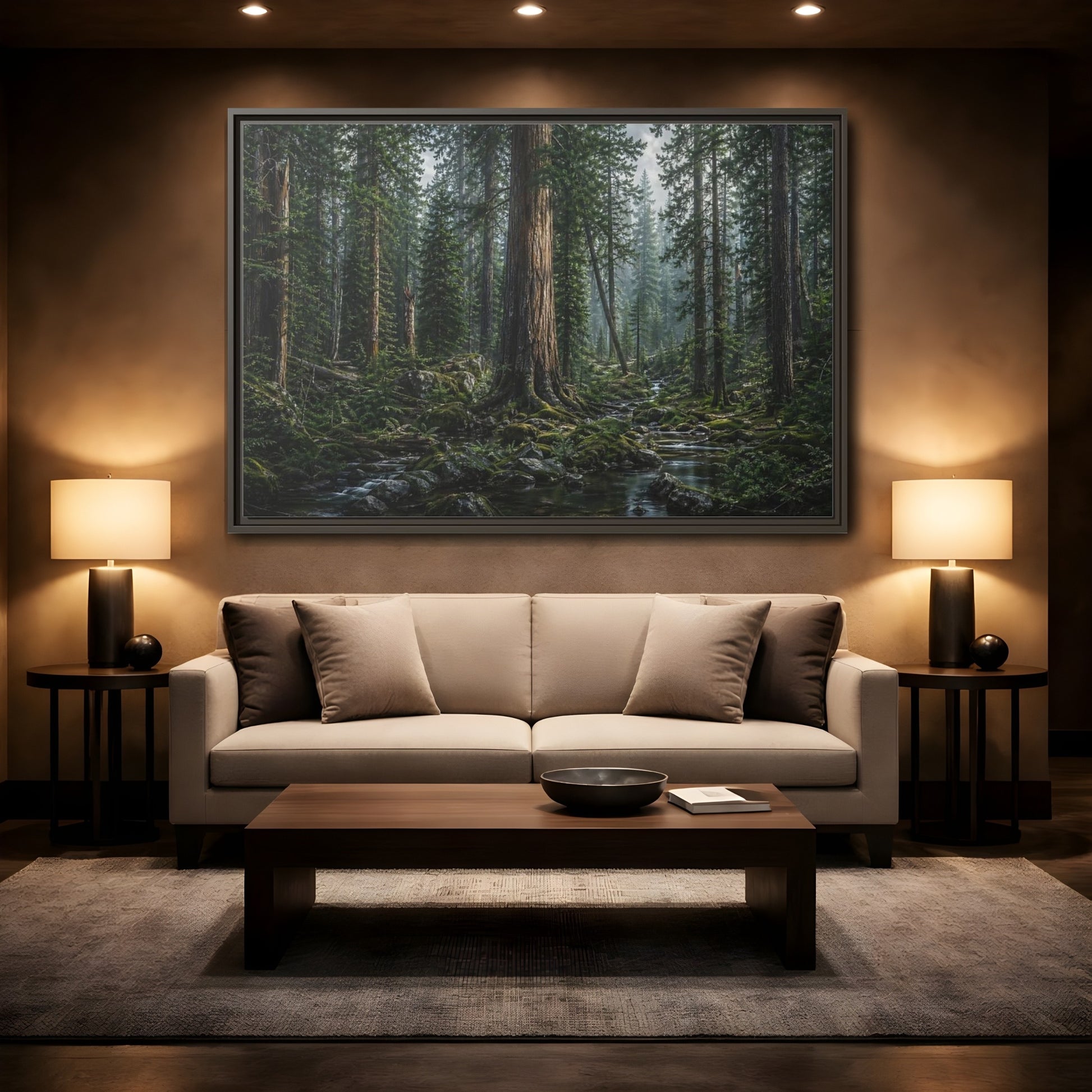Mockup 2. Nature Forest Stream Green Forest Stream shown as stretched canvas wall art