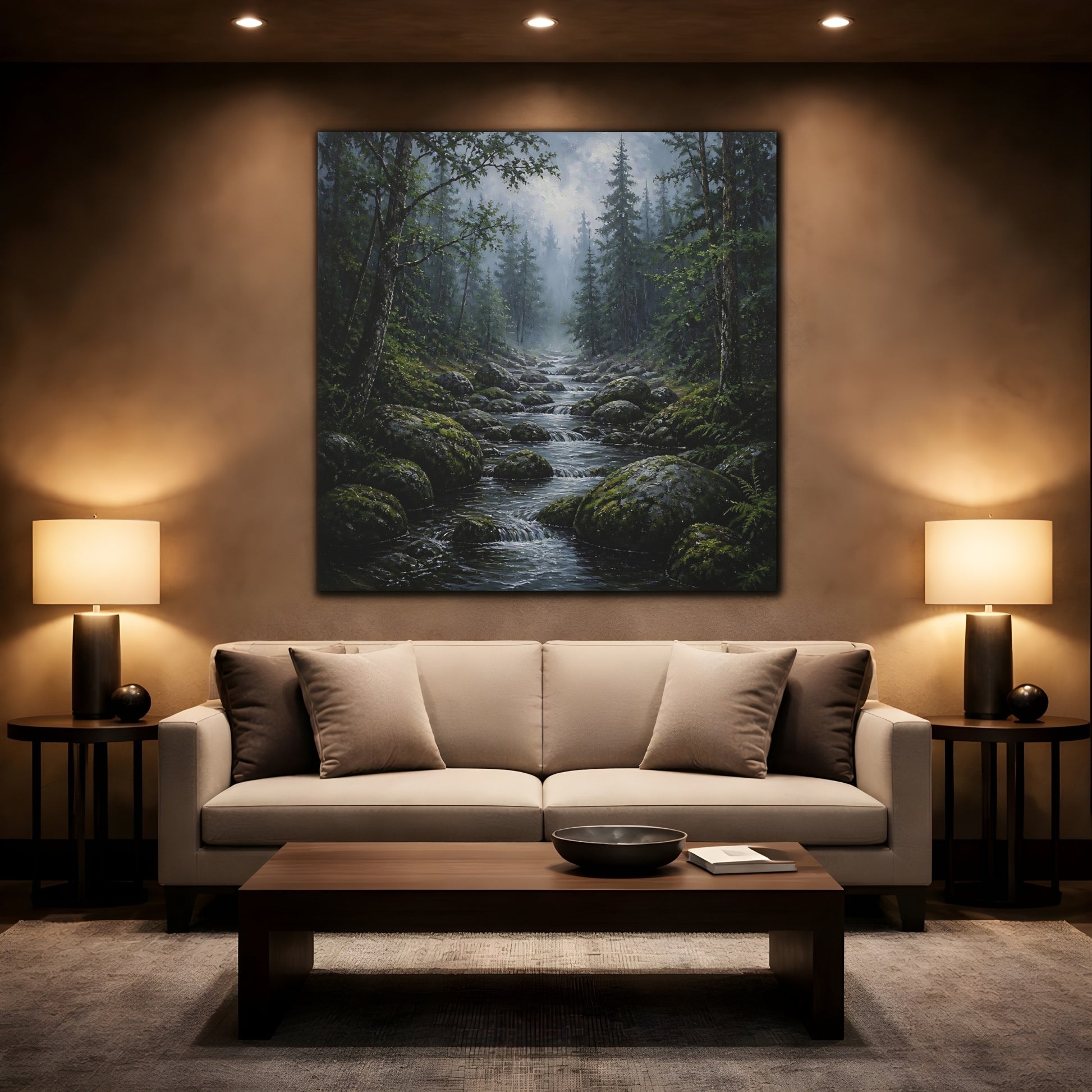 Mockup 2. Nature Forest Stream Green Forest Stream shown as stretched canvas wall art