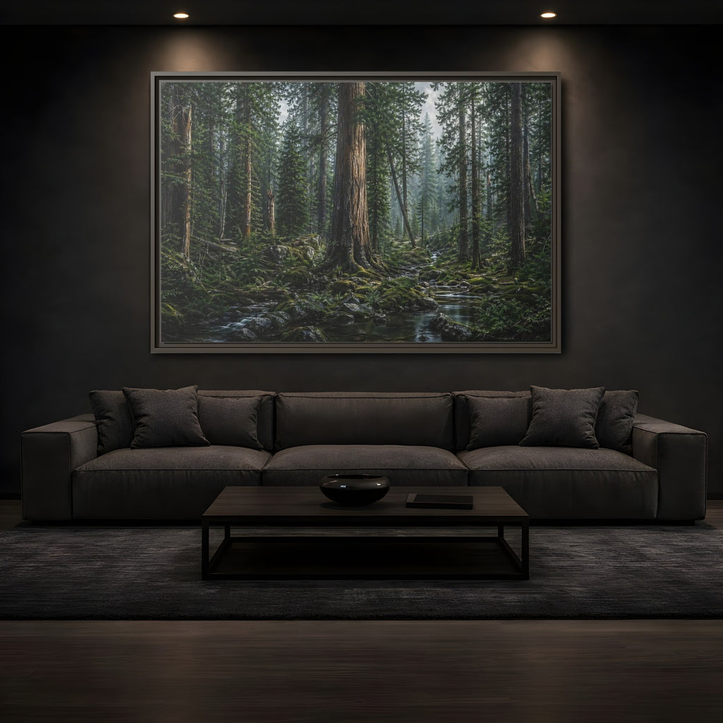Mockup 3. Nature Forest Stream Green Forest Stream shown as stretched canvas wall art