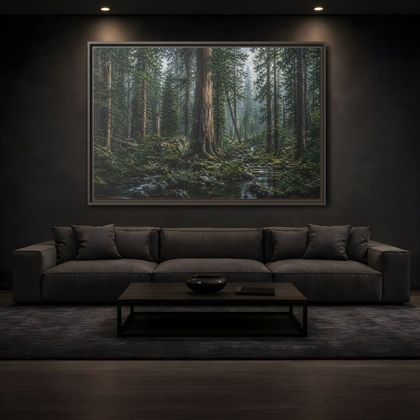 Mockup 3. Nature Forest Stream Green Forest Stream shown as stretched canvas wall art