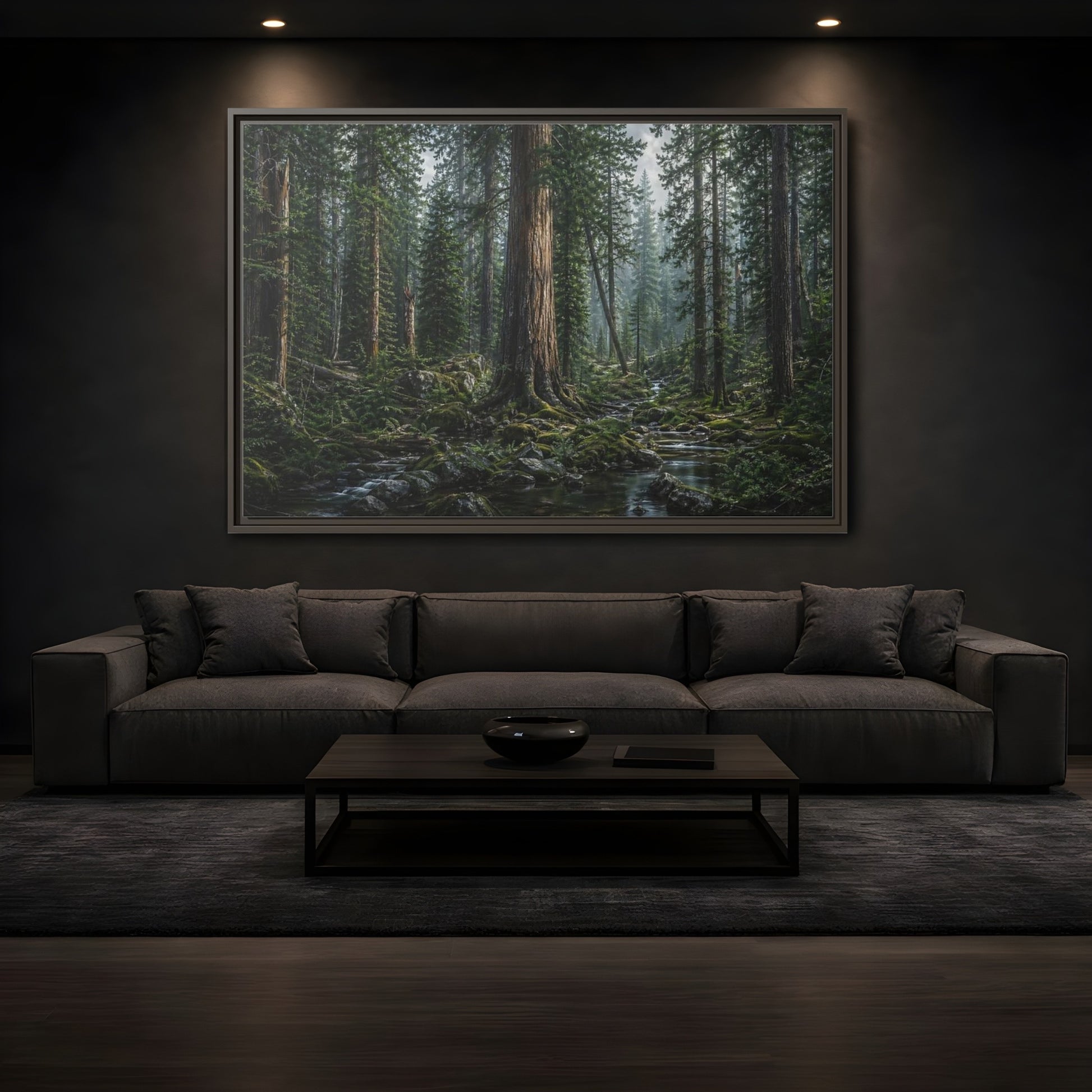 Mockup 3. Nature Forest Stream Green Forest Stream shown as stretched canvas wall art