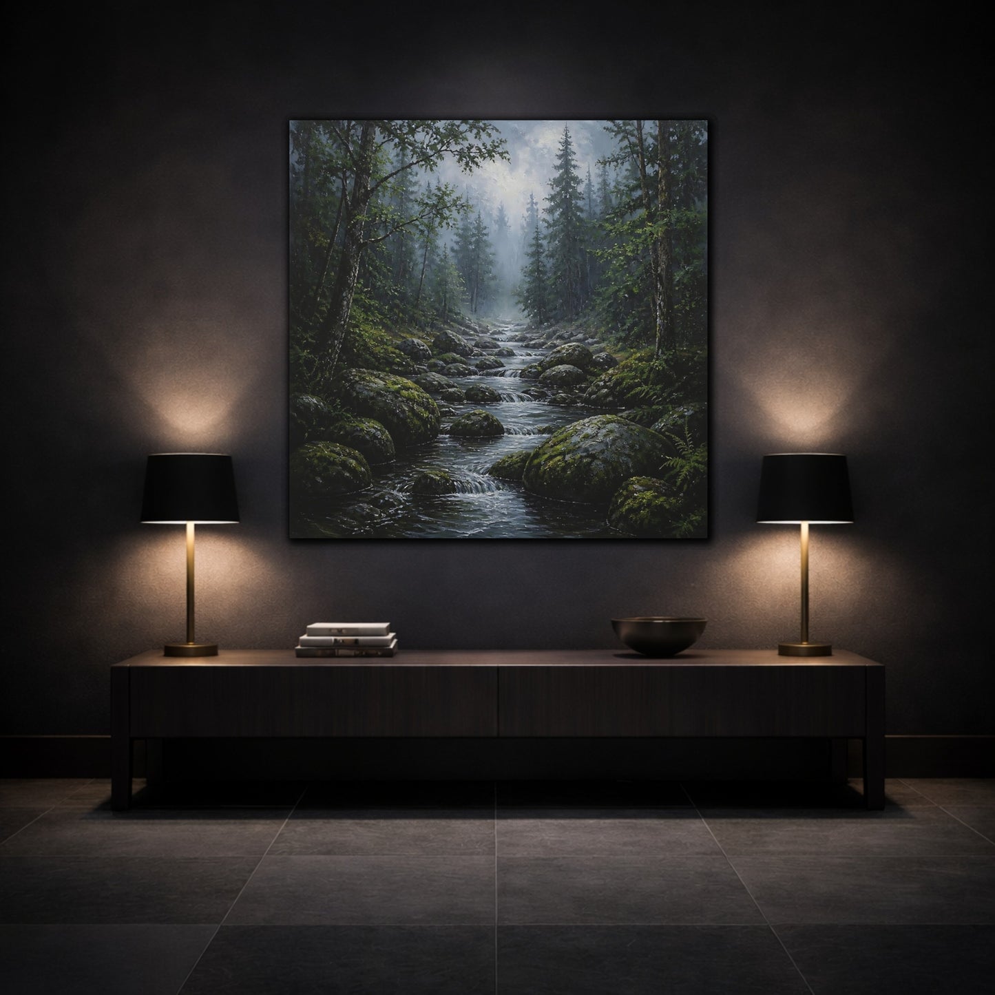 Mockup 3. Nature Forest Stream Green Forest Stream shown as stretched canvas wall art