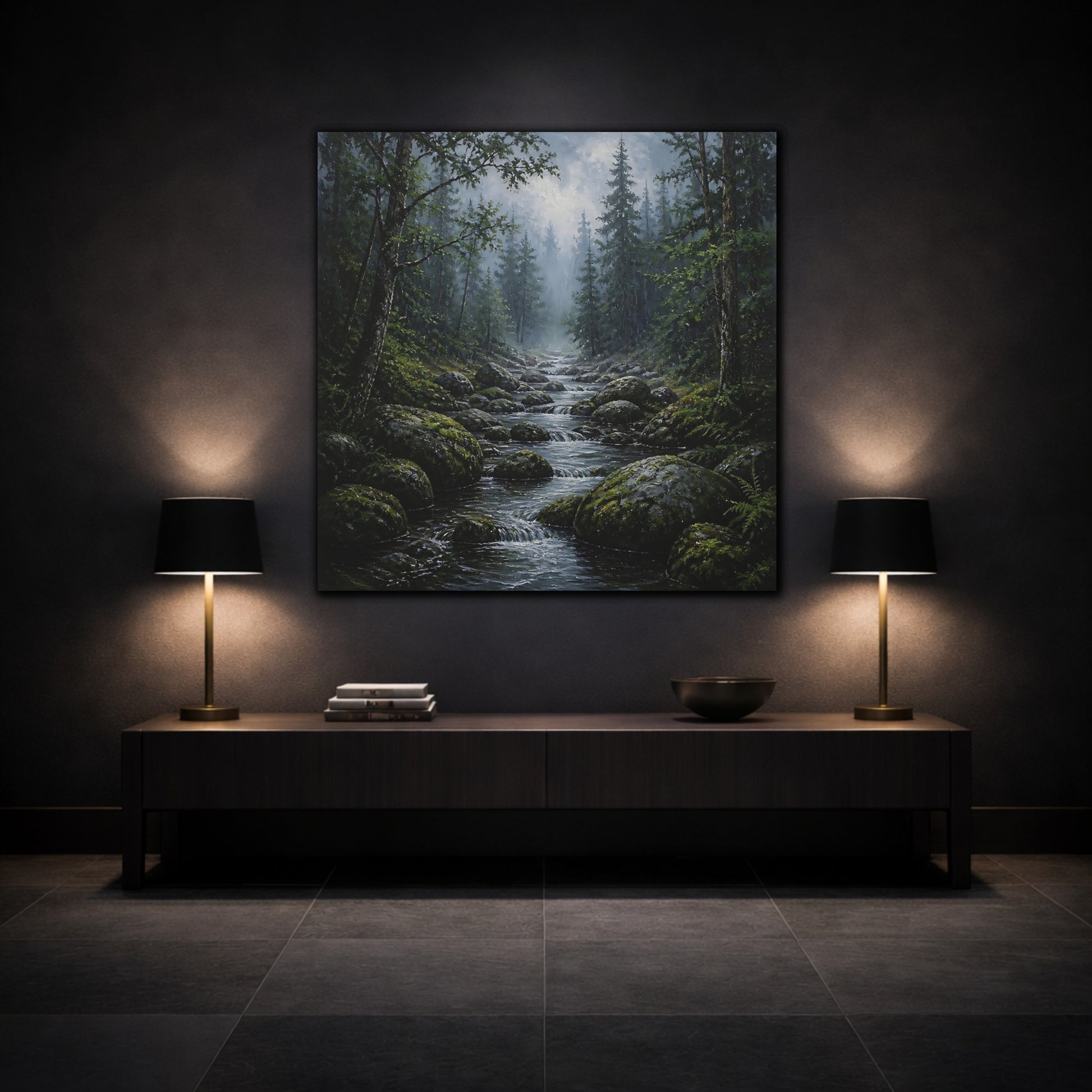 Mockup 3. Nature Forest Stream Green Forest Stream shown as stretched canvas wall art