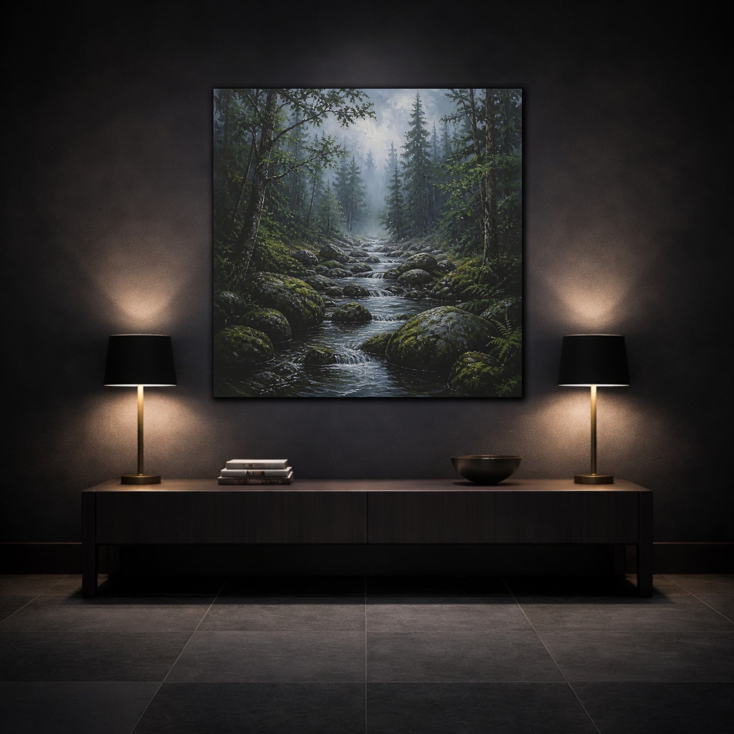 Mockup 3. Nature Forest Stream Green Forest Stream shown as stretched canvas wall art