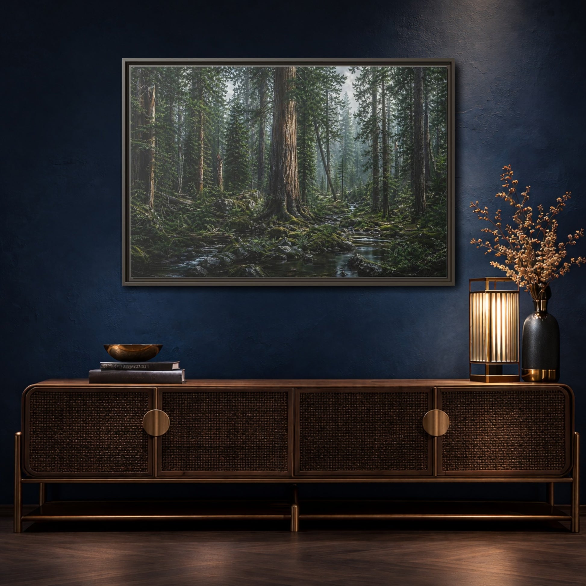 Mockup 4. Nature Forest Stream Green Forest Stream shown as stretched canvas wall art