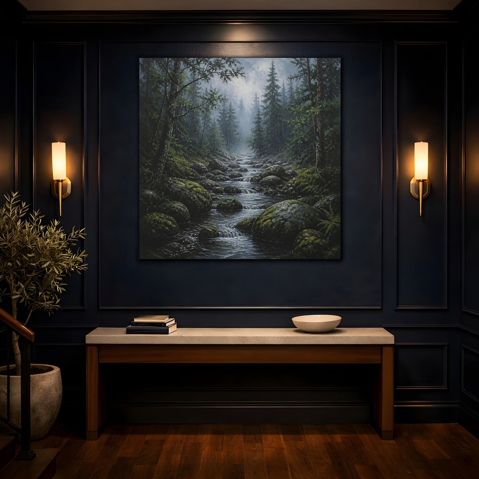 Mockup 4. Nature Forest Stream Green Forest Stream shown as stretched canvas wall art