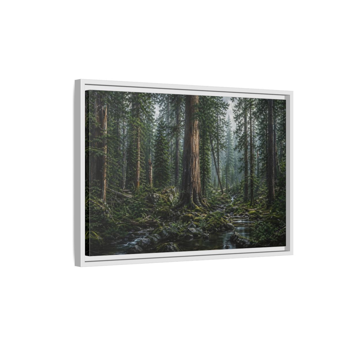 Side Mockup 1. Nature Forest Stream Green Forest Stream shown as stretched canvas wall art