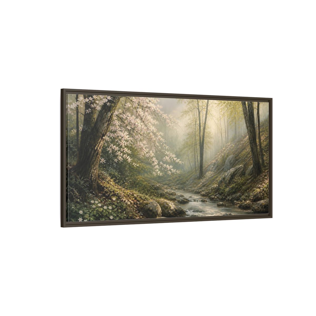 Side Mockup 4. Nature Forest Stream Forest Stream Green shown as stretched canvas wall art
