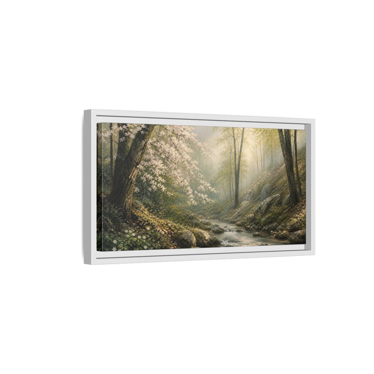Side Mockup 6. Nature Forest Stream Forest Stream Green shown as stretched canvas wall art