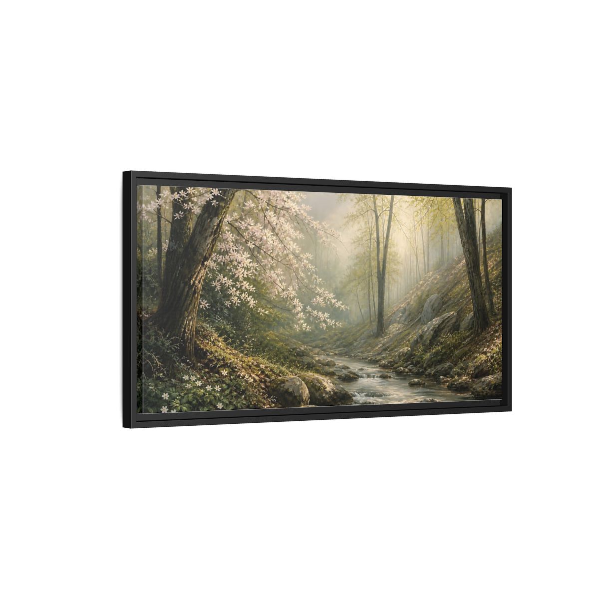 Side Mockup 2. Nature Forest Stream Forest Stream Green shown as stretched canvas wall art