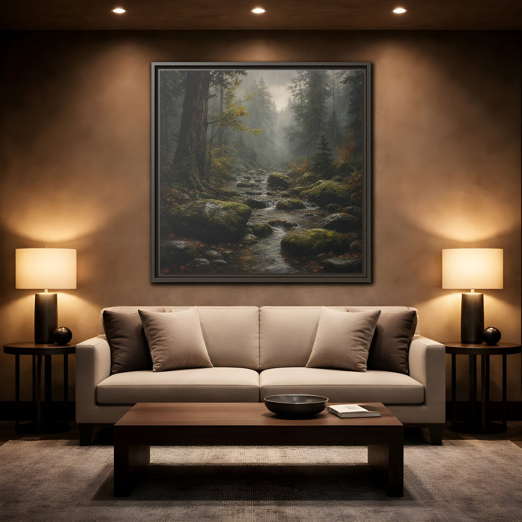 Mockup 2. Nature Forest Stream Rainy Forest Stream shown as stretched canvas wall art
