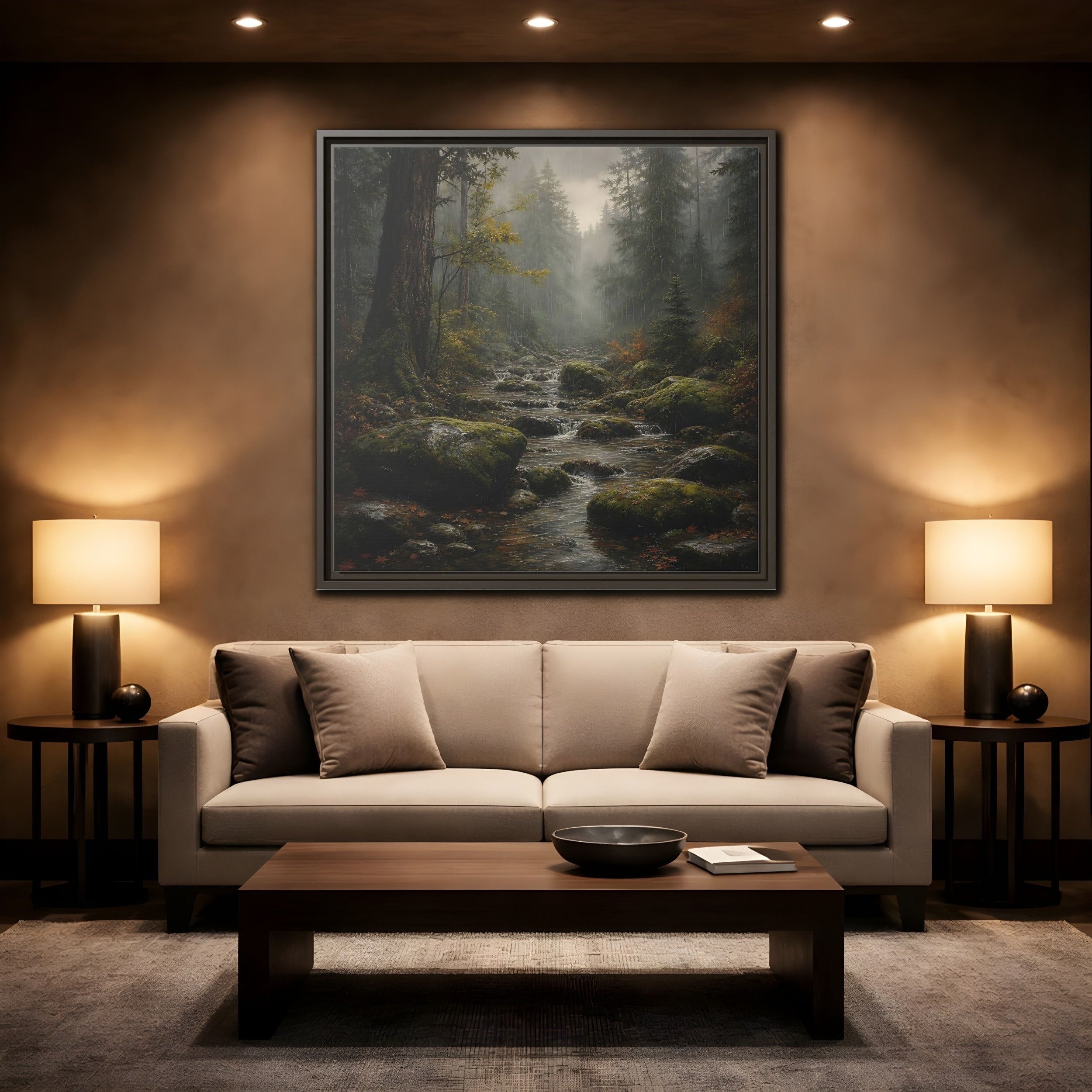 Mockup 2. Nature Forest Stream Rainy Forest Stream shown as stretched canvas wall art