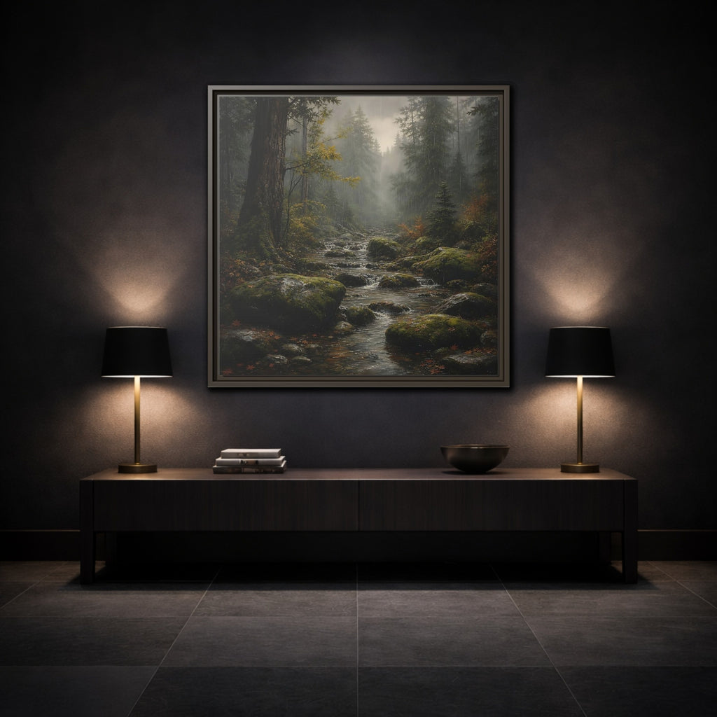 Mockup 3. Nature Forest Stream Rainy Forest Stream shown as stretched canvas wall art