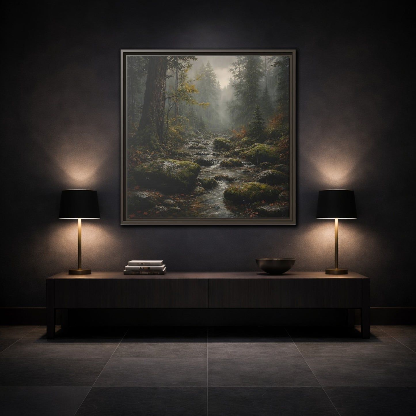 Mockup 3. Nature Forest Stream Rainy Forest Stream shown as stretched canvas wall art
