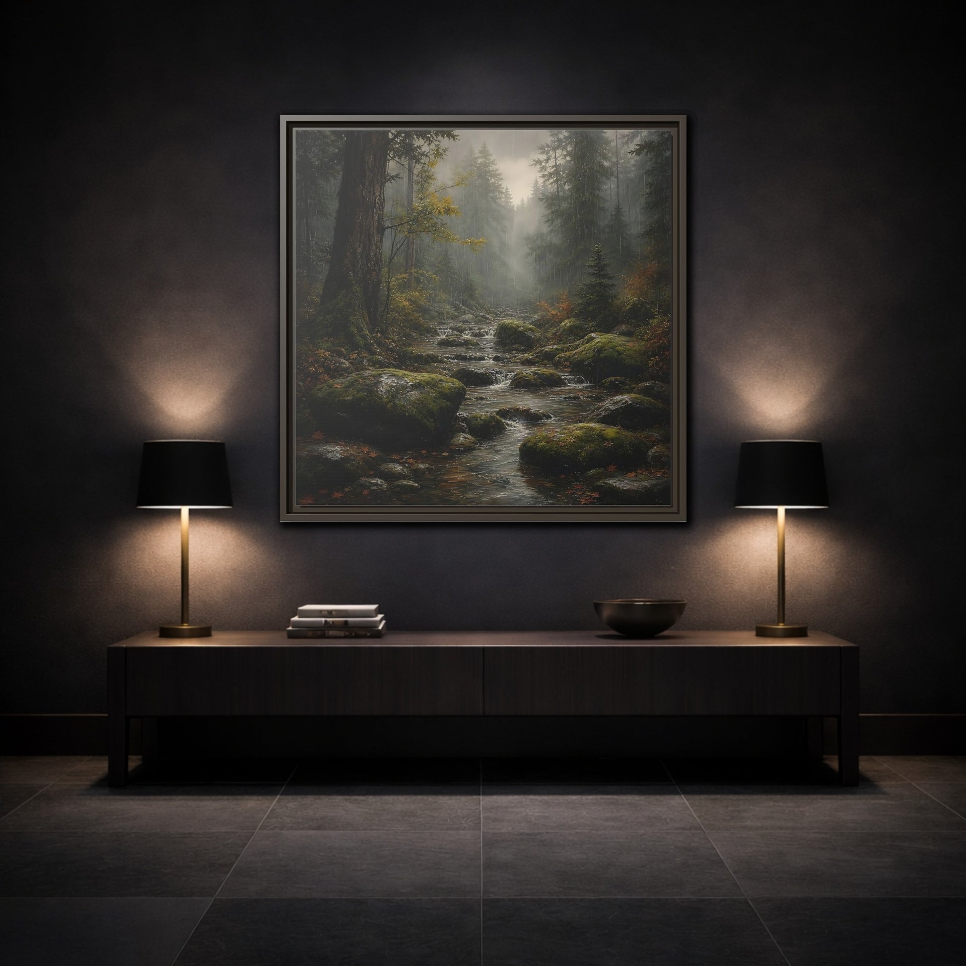 Mockup 3. Nature Forest Stream Rainy Forest Stream shown as stretched canvas wall art