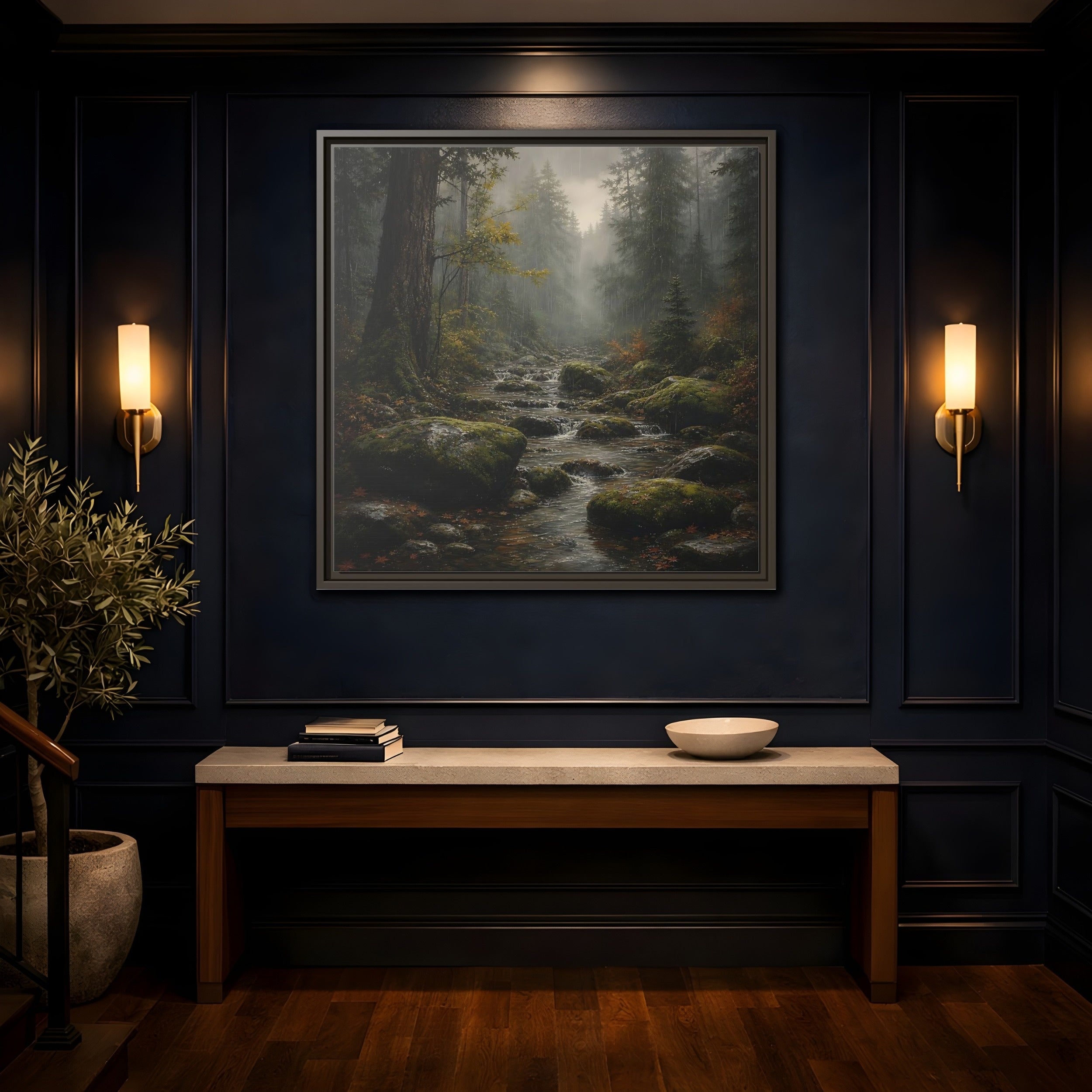 Mockup 4. Nature Forest Stream Rainy Forest Stream shown as stretched canvas wall art