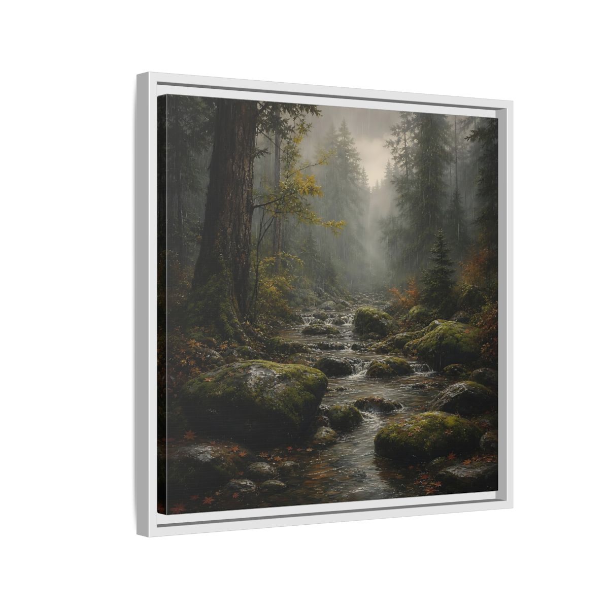 Side Mockup 10. Nature Forest Stream Rainy Forest Stream shown as stretched canvas wall art