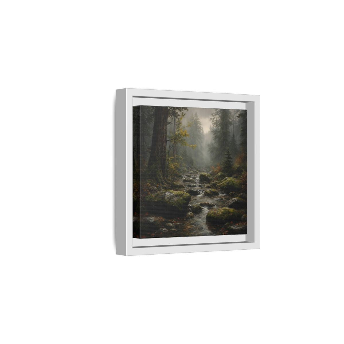 Side Mockup 1. Nature Forest Stream Rainy Forest Stream shown as stretched canvas wall art