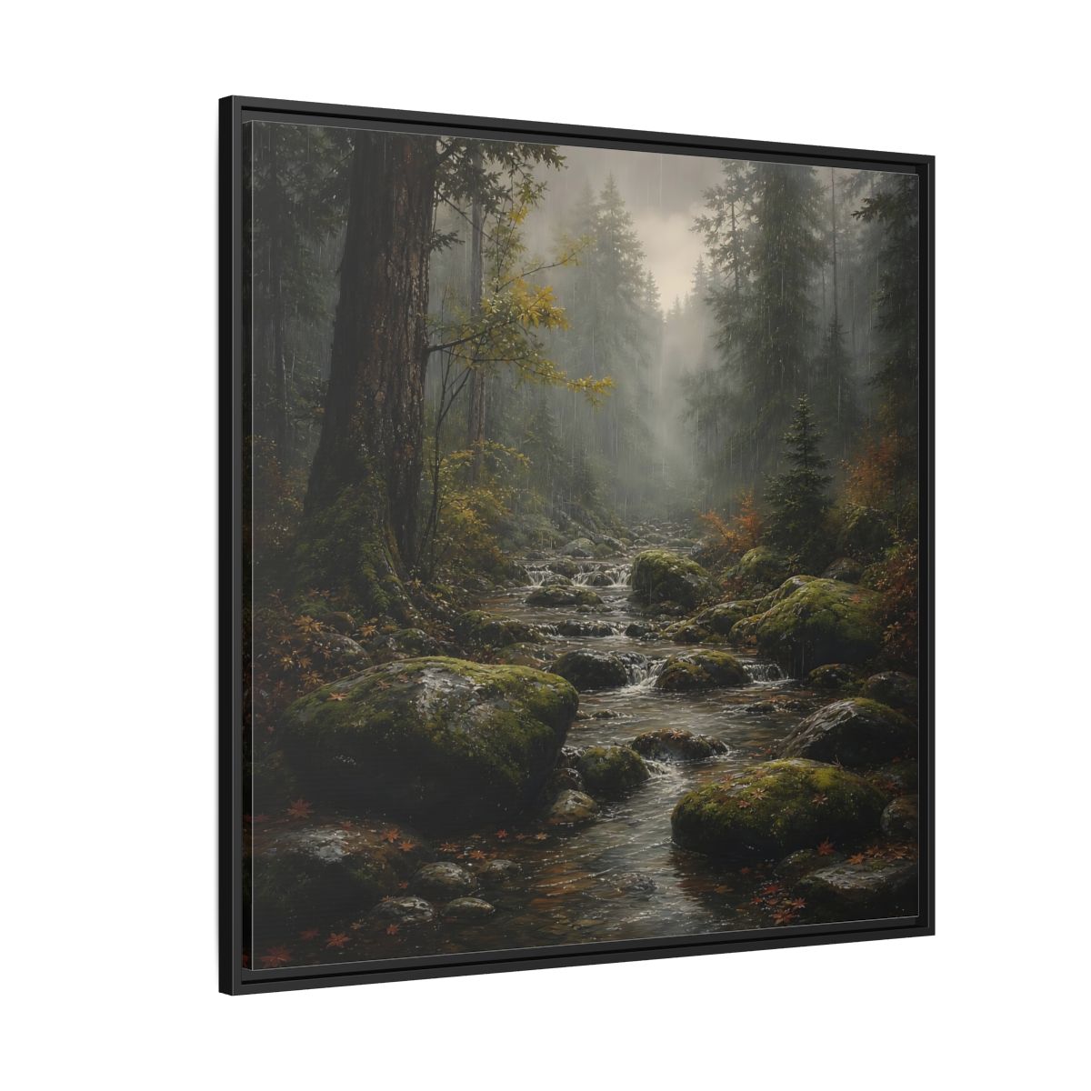 Side Mockup 6. Nature Forest Stream Rainy Forest Stream shown as stretched canvas wall art