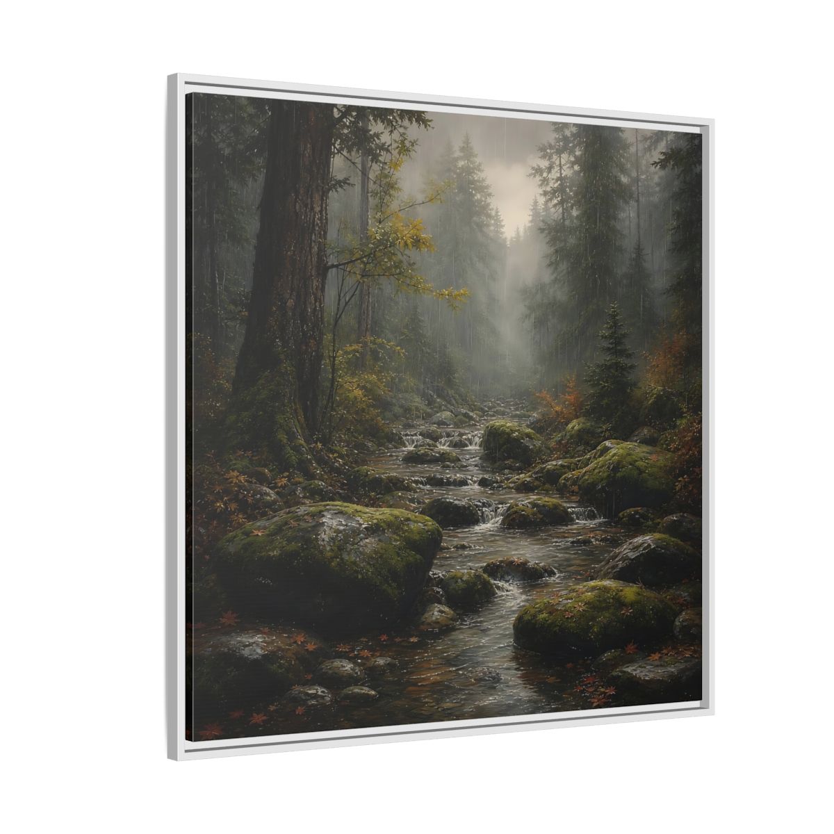 Side Mockup 4. Nature Forest Stream Rainy Forest Stream shown as stretched canvas wall art