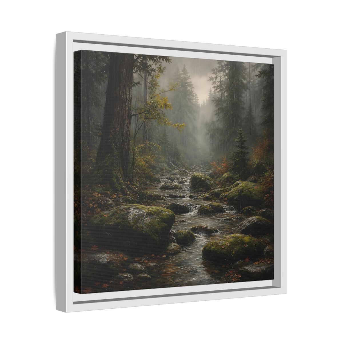 Side Mockup 28. Nature Forest Stream Rainy Forest Stream shown as stretched canvas wall art
