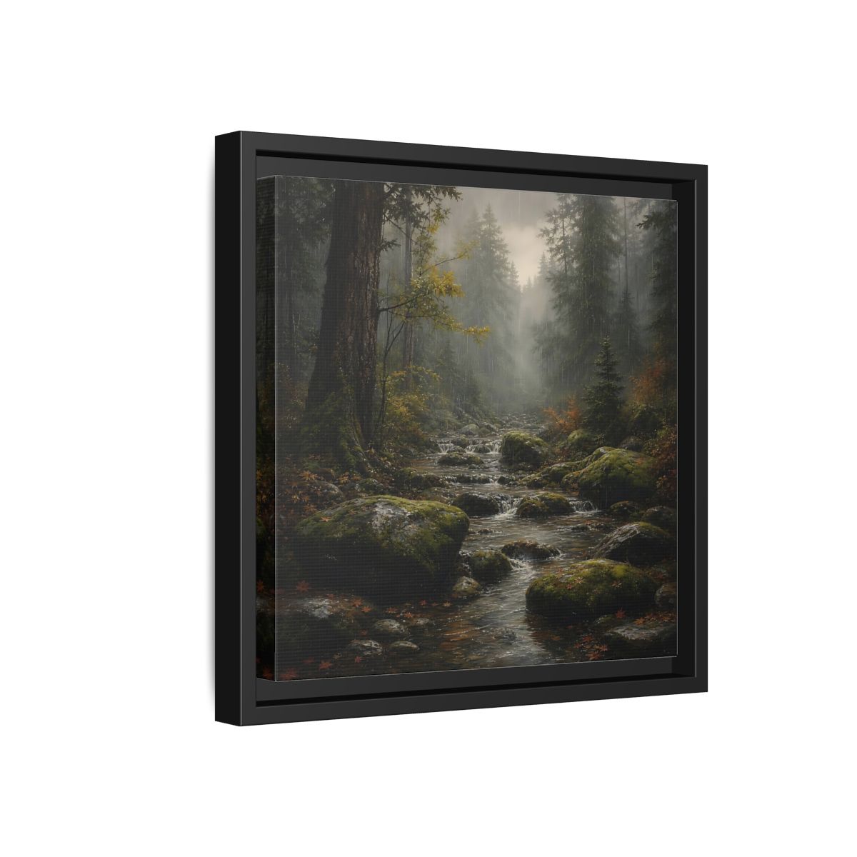 Side Mockup 18. Nature Forest Stream Rainy Forest Stream shown as stretched canvas wall art