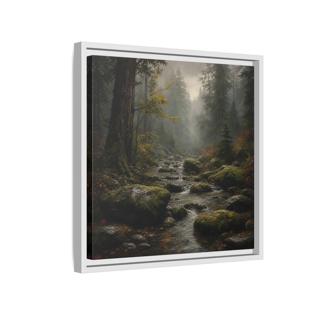 Side Mockup 13. Nature Forest Stream Rainy Forest Stream shown as stretched canvas wall art